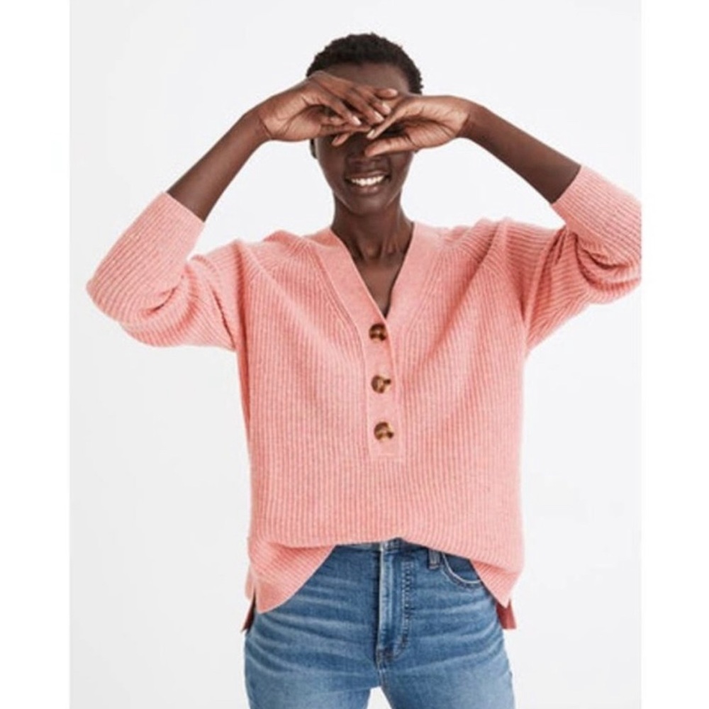 Madewell Merino Wool V-neck Ribbed Henley Oversized Pink Sweater S